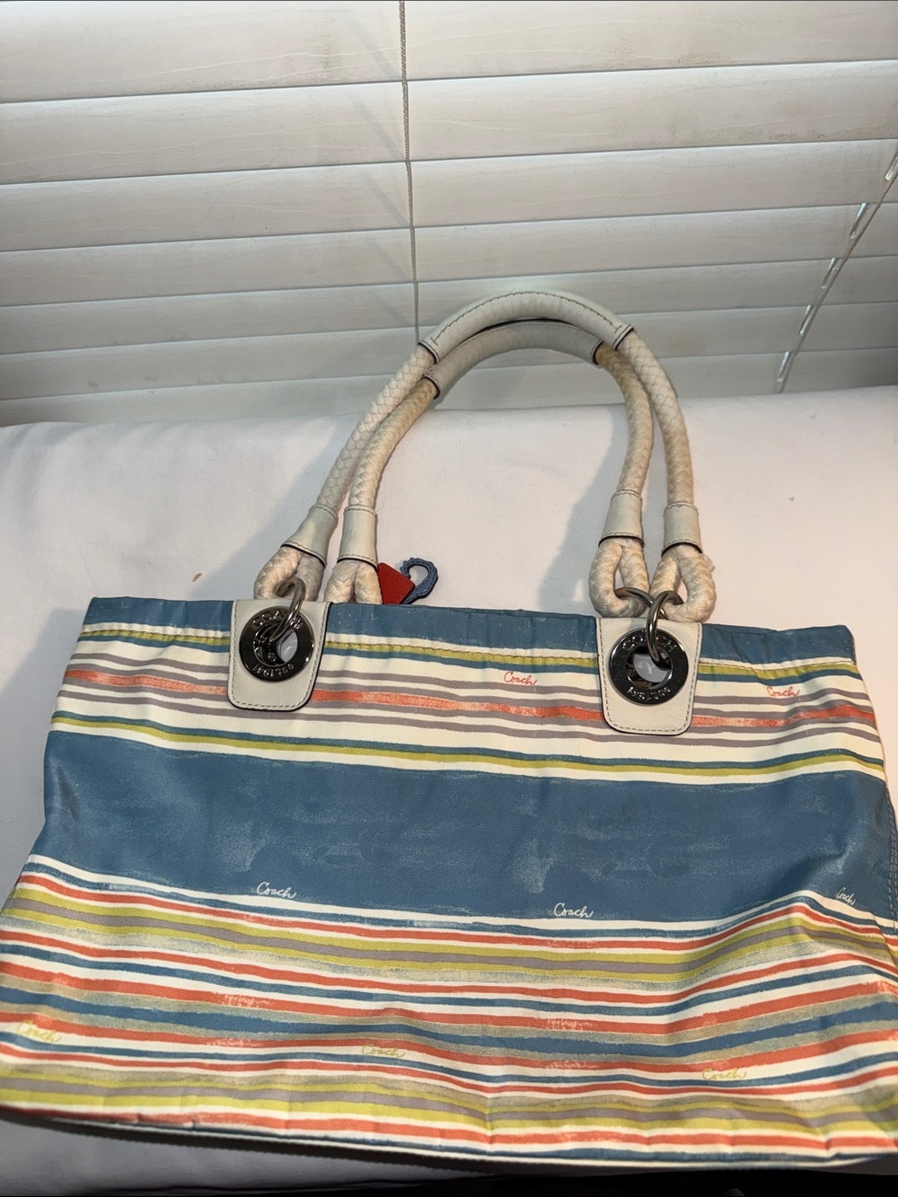 Coach Nautical Beach Multi Stripe E/ W Tote Bag Purse w/ Seahorse Charm - Picture 7 of 8